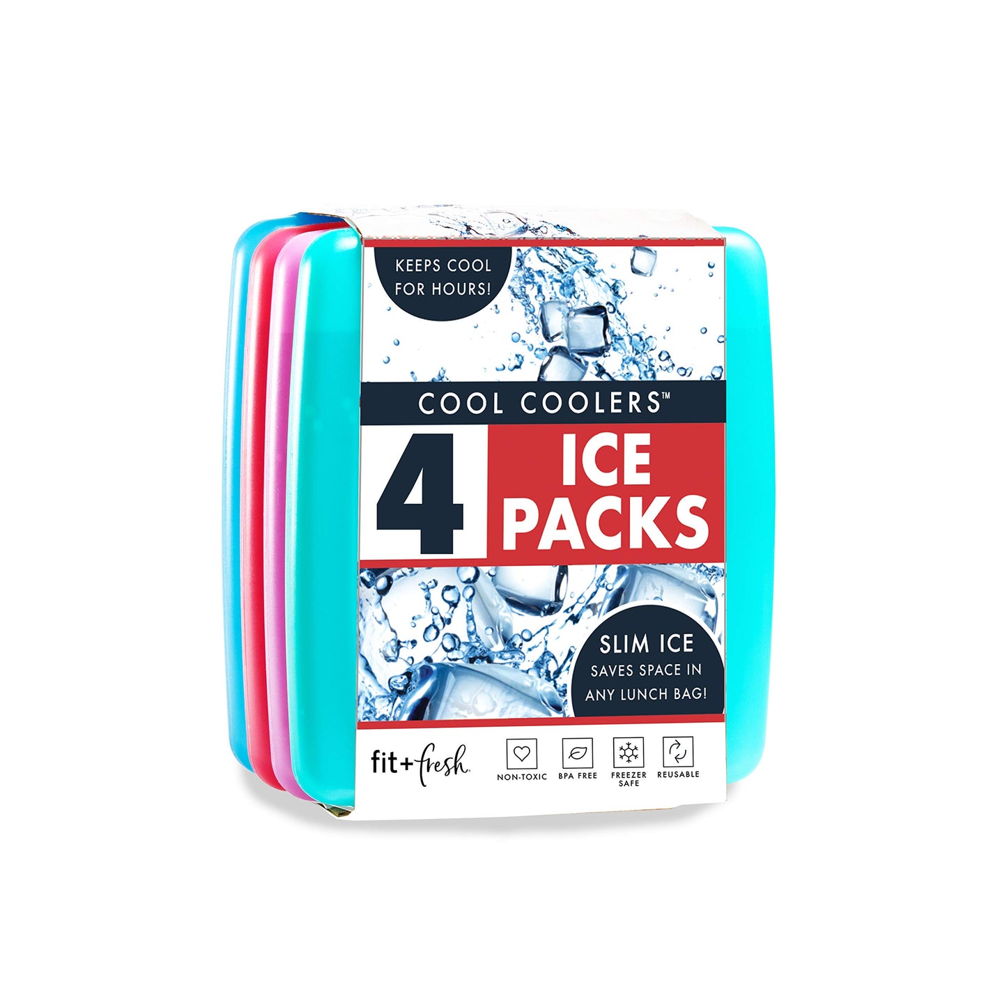 Cool Coolers By Fit & Fresh 4 Pack Slim Ice Packs, Quick Freeze Space Saving Reusable Ice Packs for Lunch Boxes or Coolers, Blue