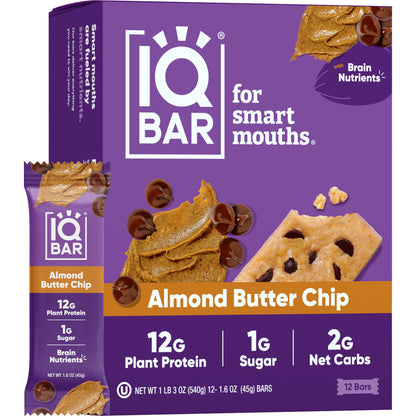 IQBAR Brain and Body Plant Protein Bars - Almond Butter Chip - 12 Count, Low Carb, High Fiber, Gluten Free, Vegan Snacks - Low Sugar Keto Energy Bars