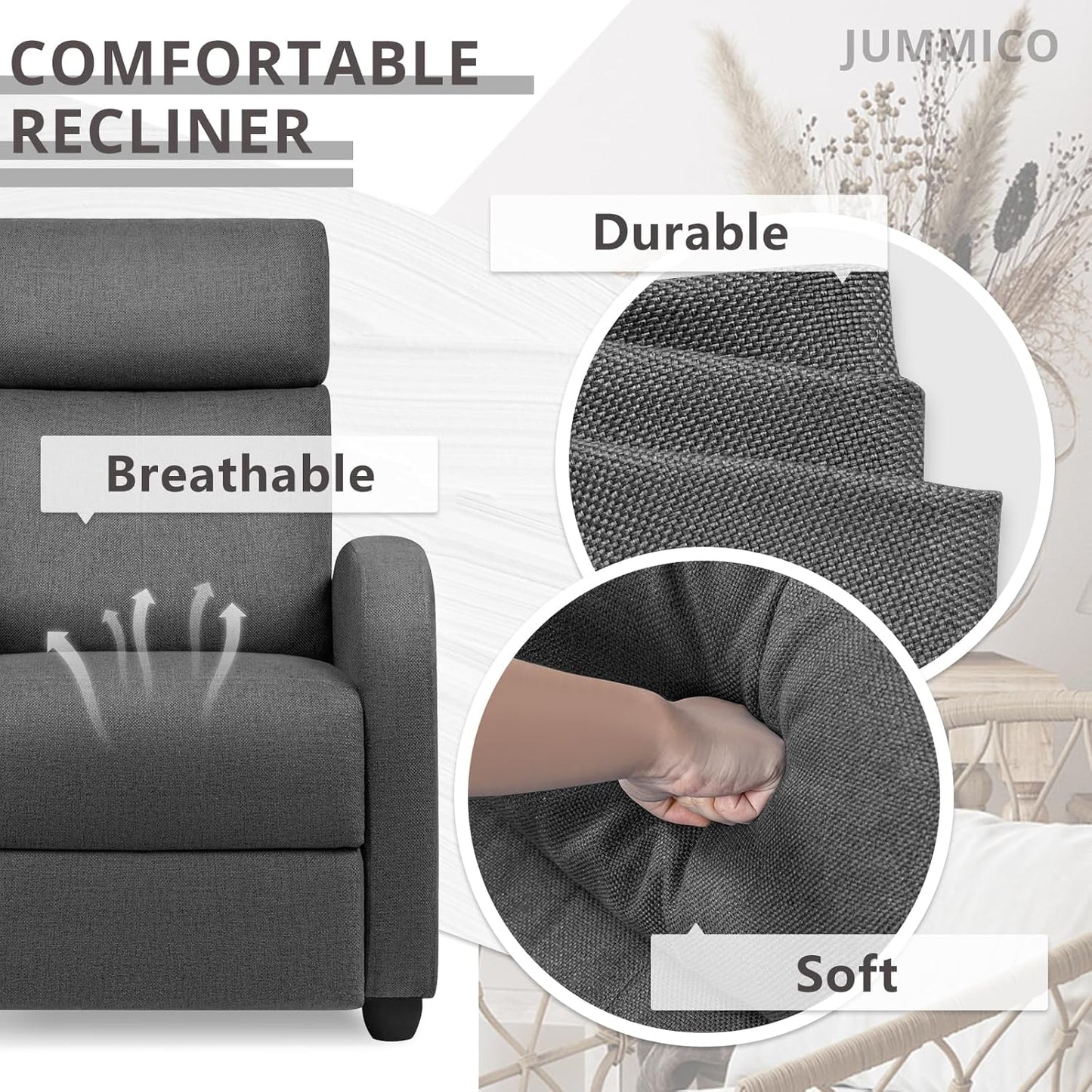 JUMMICO Recliner Chair Adjustable Home Theater Single Recliner Sofa Furniture with Thick Seat Cushion and Backrest Modern Living Room Recliners (Fabric, Aurora Grey)