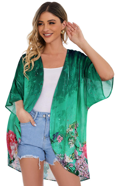 Women's Floral Print Puff Sleeve Kimono Cardigan Loose Cover Up Casual Blouse Tops