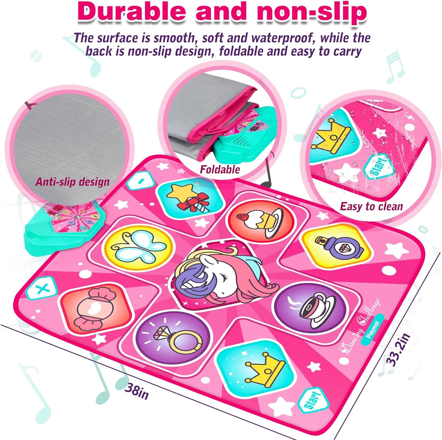 Unicorn Dance Mat, Dance Mixer Rhythm Step Play Mat, Pink Dance Pad with LED Lights, Adjustable Volume, Built-in Music, 5 Game Modes, Xmas B-Day Gifts for 3-12 Years Old Girls Toys