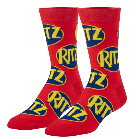 Crazy Socks for Men, Ritz Cracker, Funny Snack Food Novelty Print, Crew, Large