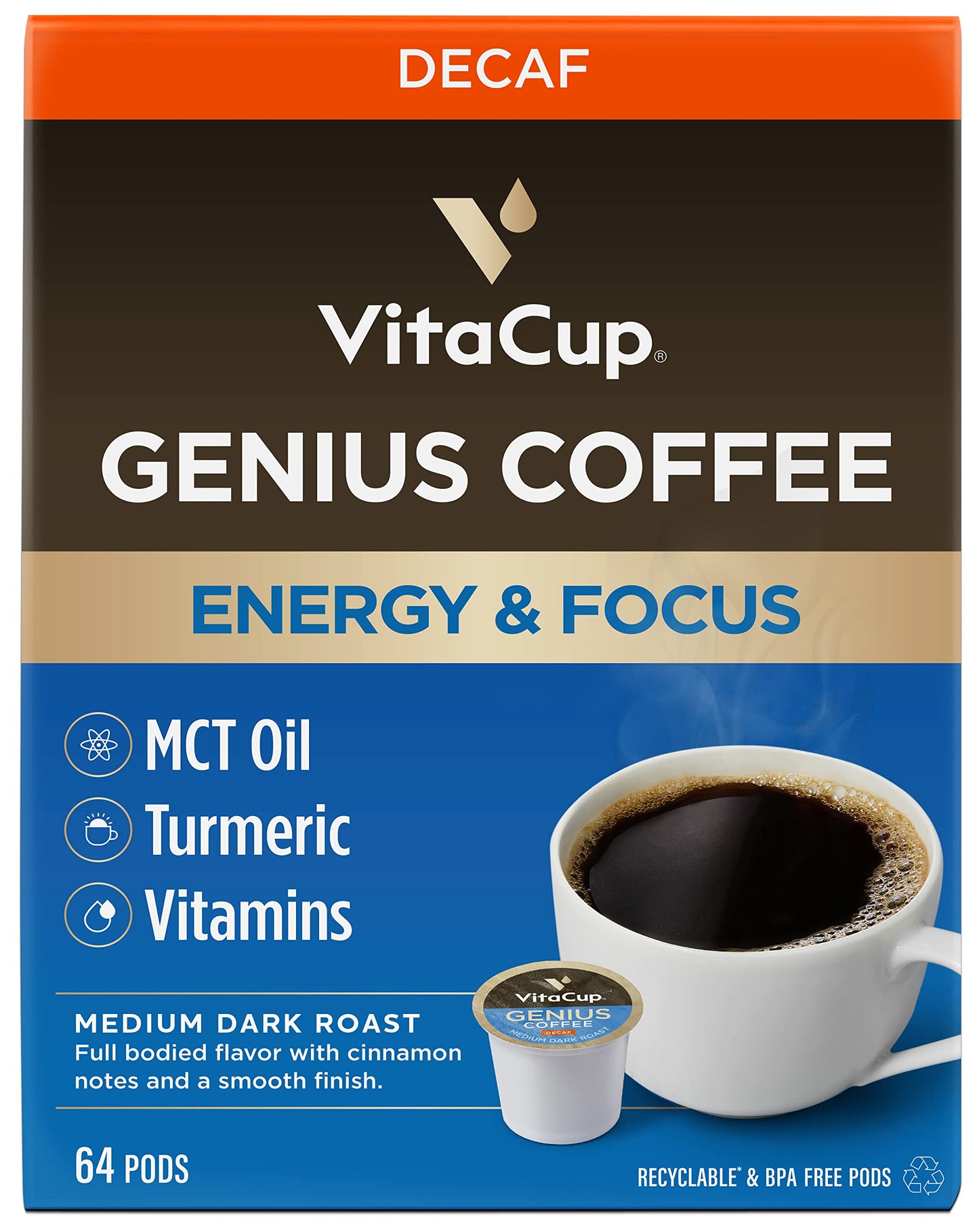 VitaCup Mushroom Coffee Pods - Boost Focus & Immunity with Lions Mane, Chaga, Vitamins, for Memory & Clarity, Recyclable K-Cup Pods, 16 Ct