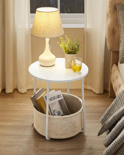 VASAGLE End Table, Small Bedside Table with Fabric Basket, Modern Nightstand, Round Side Table, for Living Room, Bedroom, Matte White and Camel Brown ULET223W10