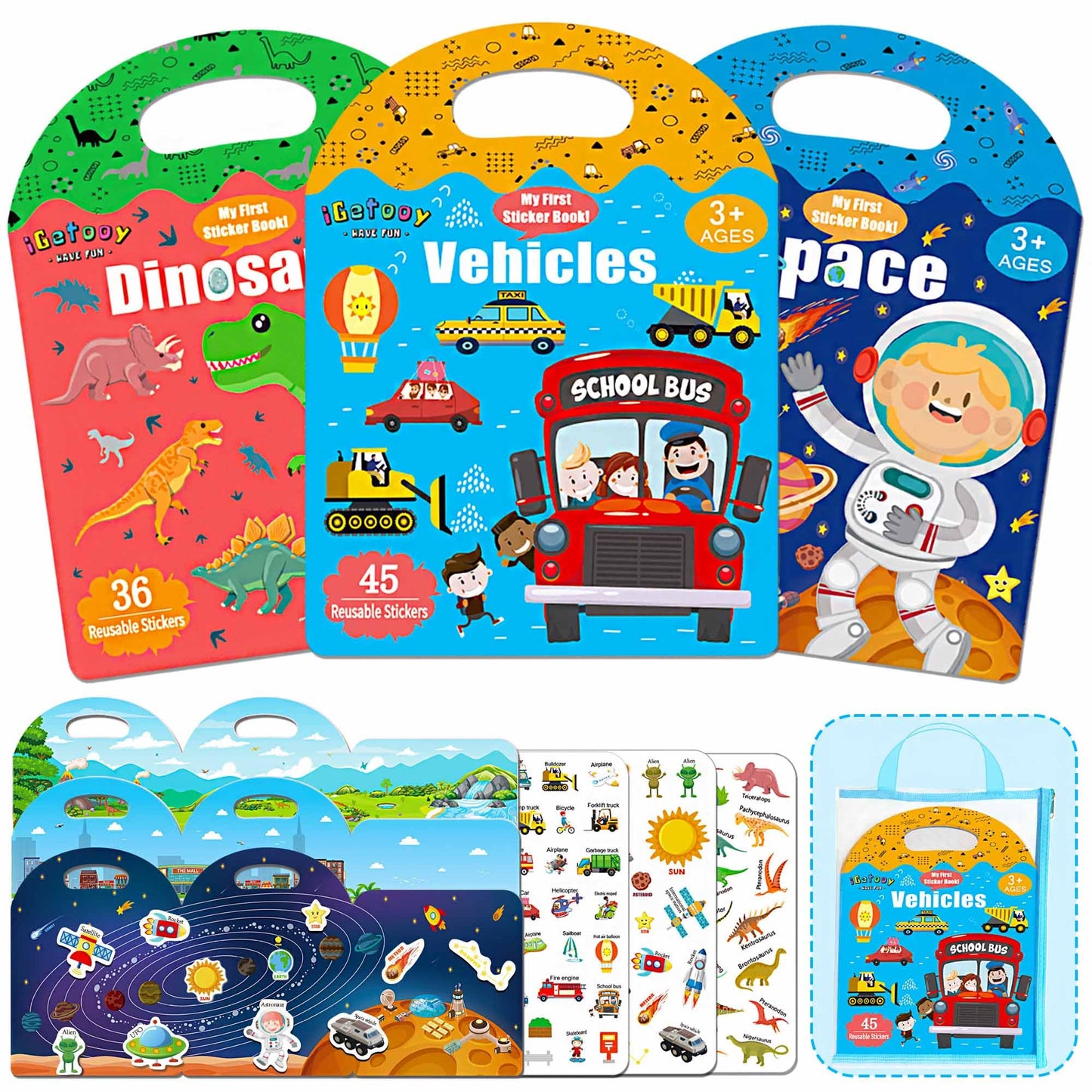 3 Sets Sticker Books for Toddler 1-3, 118 Pcs Reusable Stickers Vehicles, Farm, Space Theme Sticker Books for Girls Boys Preschool Education Learning Toys for Kids 2 3 4 Year Old