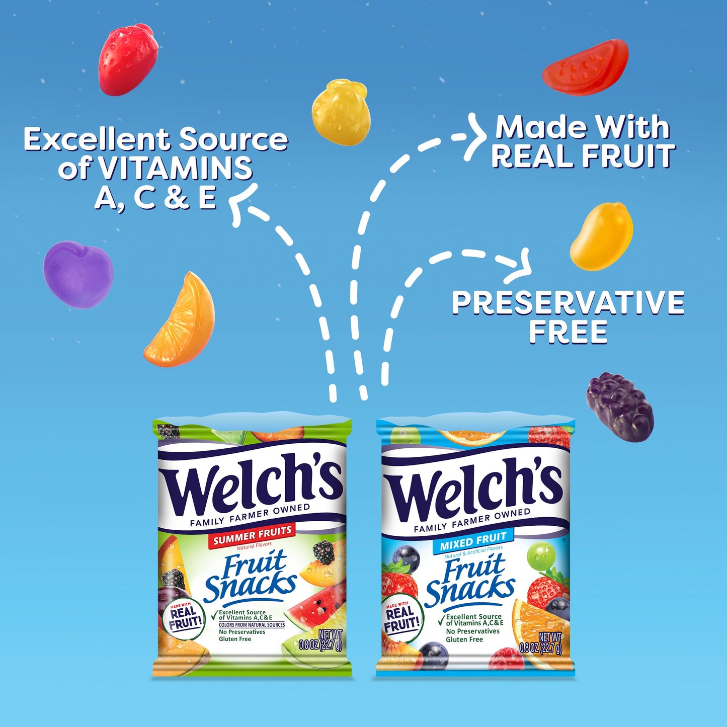 Welch's Fruit Snacks, Mixed Fruit & Berries 'N Cherries Bulk Variety Pack, Perfect for School Lunches, Gluten Free, 0.8 oz Individual Single Serve Bags (Pack of 60)