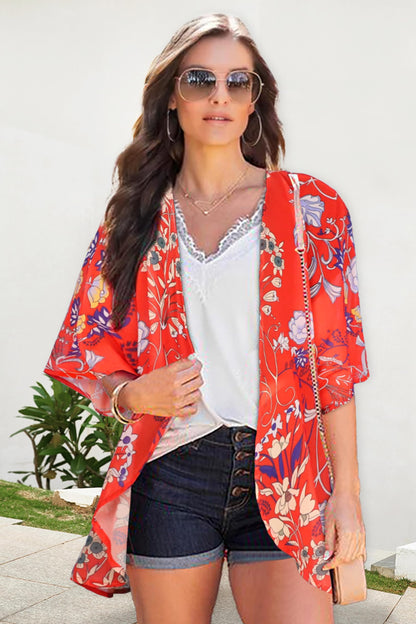 Women's Floral Print Puff Sleeve Kimono Cardigan Loose Cover Up Casual Blouse Tops