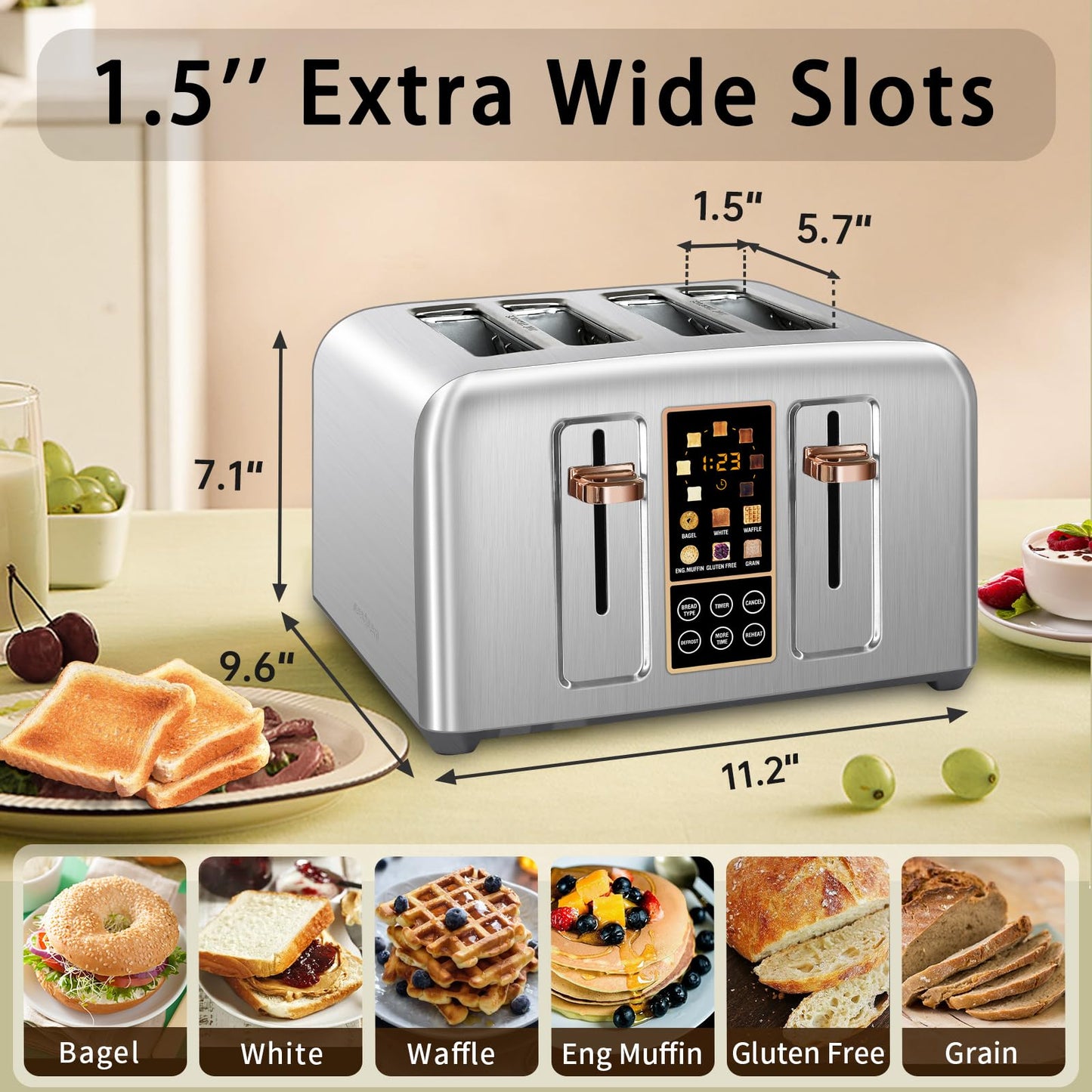 SEEDEEM Toaster 2 Slice, Stainless Toaster LCD Display&Touch Buttons, 50% Faster Heating Speed, 6 Bread Selection, 7 Shade Setting, 1.5''Wide Slot, Removable Crumb Tray, 1350W, Dark Metallic