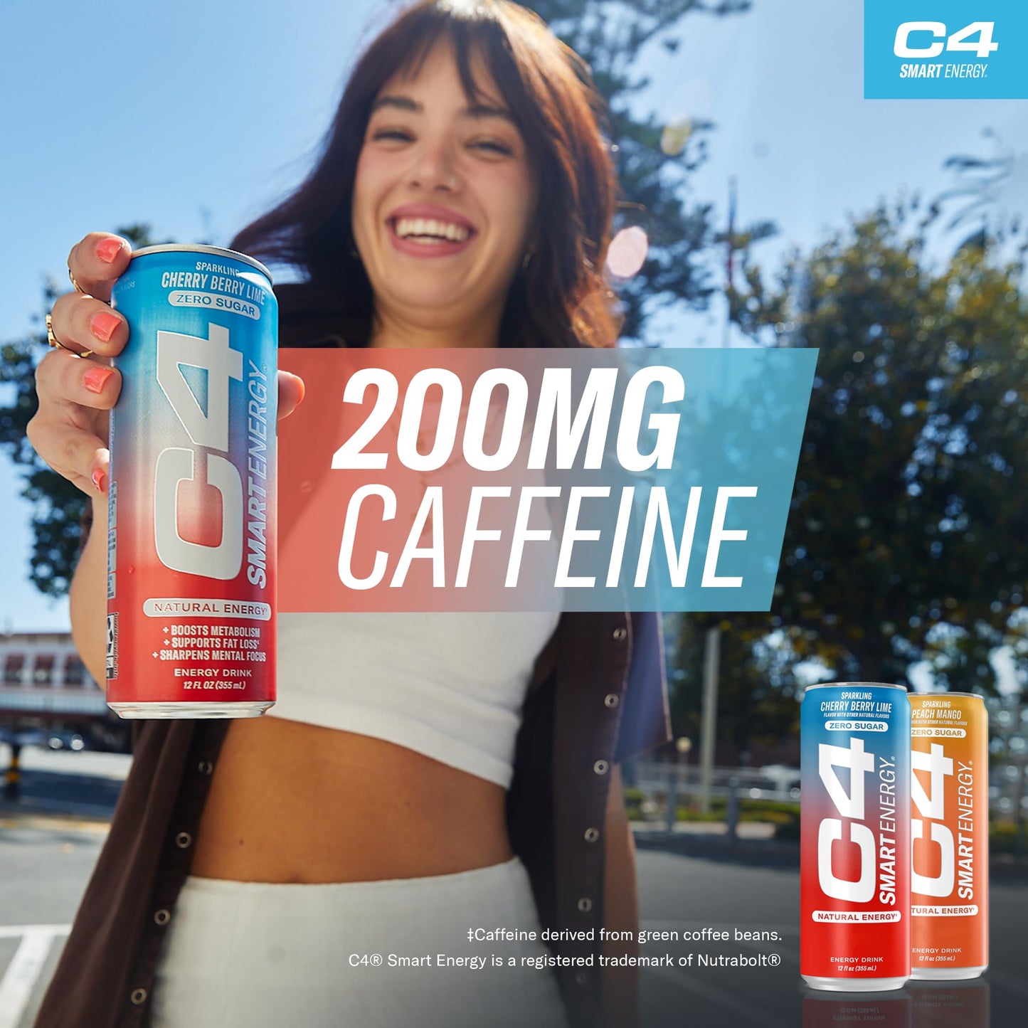 C4 Smart Energy Drink – Boost Focus and Energy with Zero Sugar, Natural Energy, and Nootropics - 200mg Caffeine - Cherry Berry Lime (12oz Pack of 12)