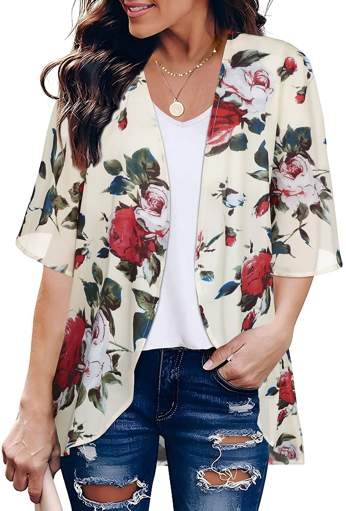 Women's Floral Print Puff Sleeve Kimono Cardigan Loose Cover Up Casual Blouse Tops