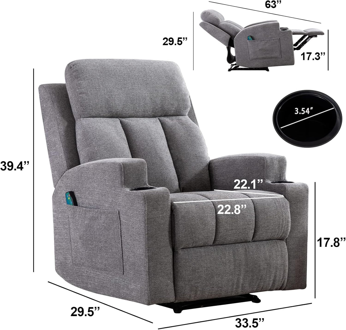 ANJ Home Manual Massage Recliner Chairs with Heat for Living Room, Overstuffed Breathable Fabric Reclining Chair with Side Pockets and Cup Holders, Single Sofa Home Theater Seating, Grey