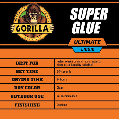 Gorilla Super Glue Ultimate, Fast-Setting Cyanoacrylate Adhesive for Quick Fixes & Repairs, 15g Bottle with Anti-Clog Cap, Clear (Pack of 1)