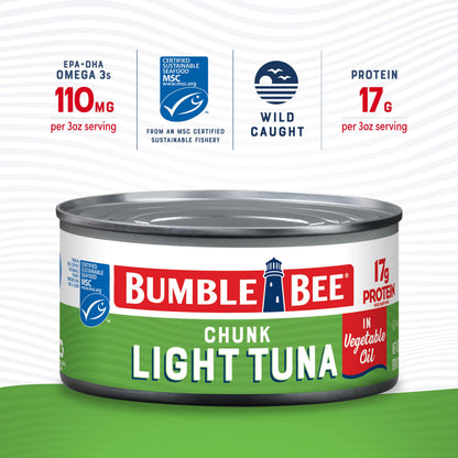 Bumble Bee Chunk Light Tuna In Water, 5 oz Cans (Pack of 24) - Wild Caught Skipjack Tuna - 23g Protein Per Serving - MSC Certified Sustainable Seafood, Non-GMO, Gluten Free, Kosher