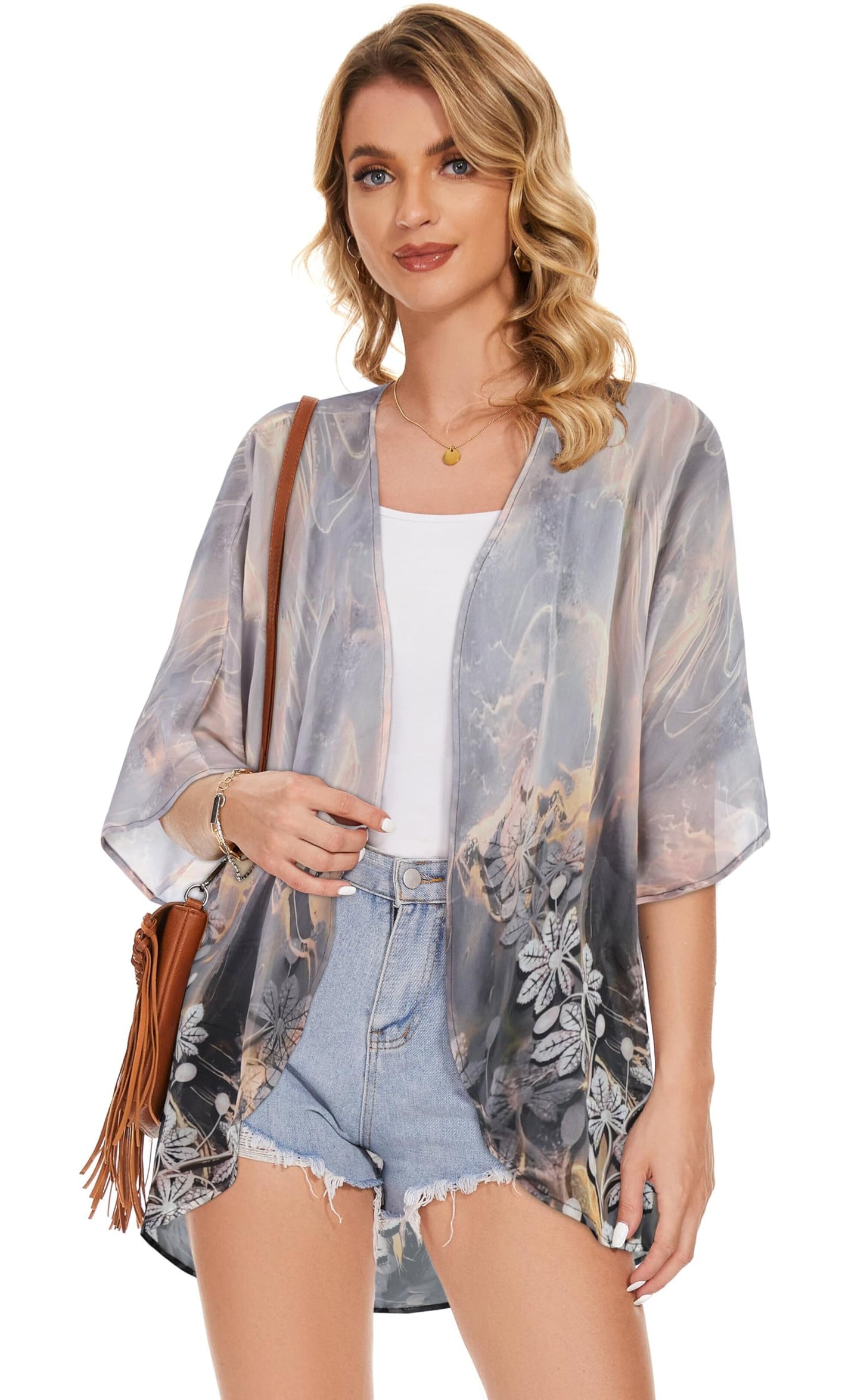 Women's Floral Print Puff Sleeve Kimono Cardigan Loose Cover Up Casual Blouse Tops