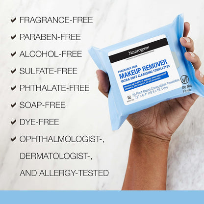 Neutrogena Fragrance-Free Makeup Remover Wipes, Daily Facial Cleanser Towelettes, Gently Removes Oil & Makeup, Alcohol-Free Makeup Wipes, 25 ct