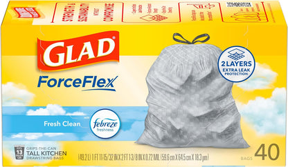 Glad Trash Bags, ForceFlex Tall Kitchen Drawstring Garbage Bags, Fresh Clean, 13 Gal, 40 Ct (Package May Vary)