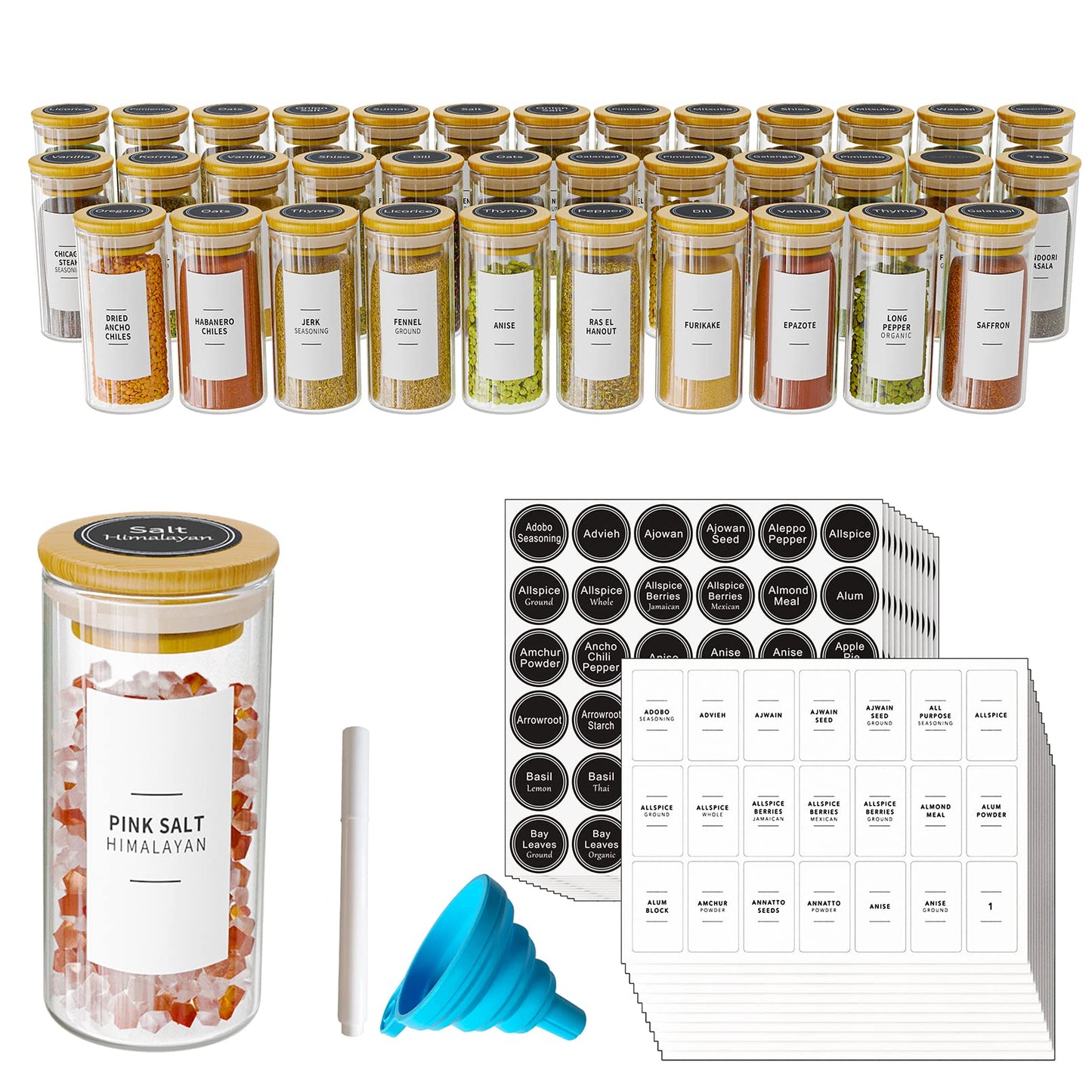 SpaceAid 24 Pcs Spice Jars with Bamboo Lids and Labels, Empty 4oz Glass Bottles, Minimalist Farmhouse Stickers with Funnel, Seasoning Containers for Spice Rack, Cabinet and Drawer