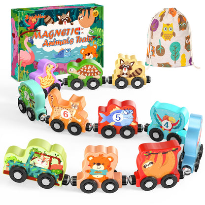 Toys for Toddlers, 11 Magnetic Wooden Animals Train Set, Montessori Toys for Toddlers, Preschool Learning Activities for kids, Birthday Gifts for Boys, Girls