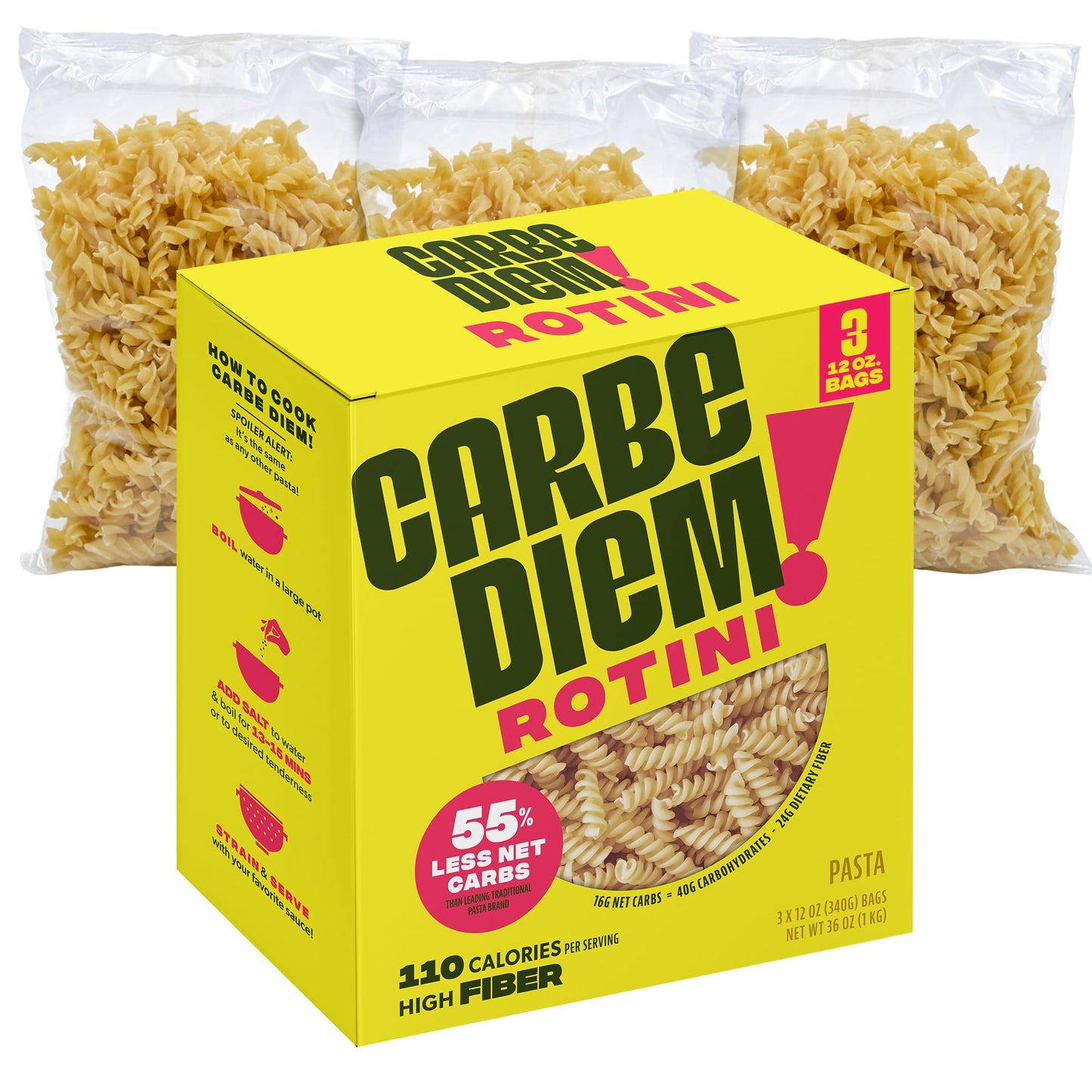 CARBE DIEM! Spaghetti | 3x 12oz Bags | Lower Net Carb Pasta with a Traditional Flavor & Texture | Pasta Re-Imagined for Healthy Lifestyles | Spaghetti Pasta | Spaghetti Noodles | Lower Calorie Pasta