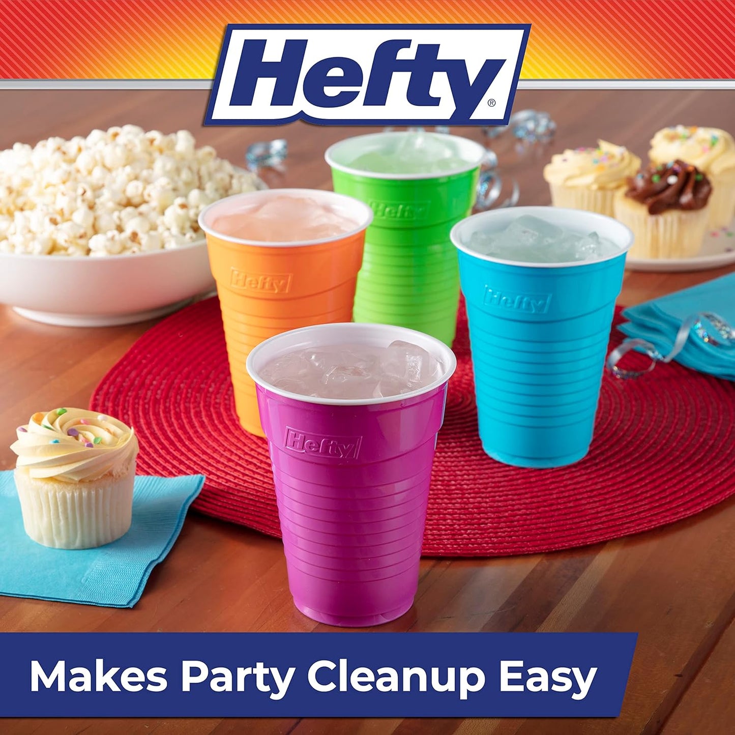 Hefty Party On Disposable Plastic Cups, Assorted, 16 Ounce, 100 Count