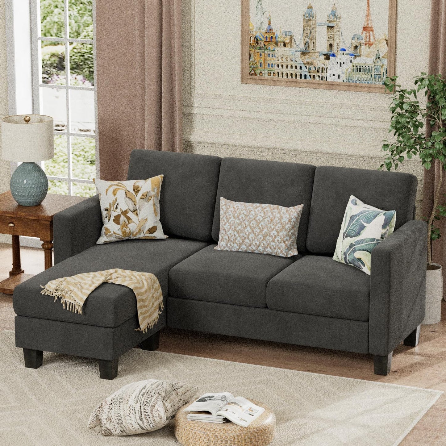 Convertible Sectional Sofa Couch, L-Shaped 3 Seat with Linen Fabric and Movable Ottoman, for Small Apartments, Living Room and Office, Dark Gray