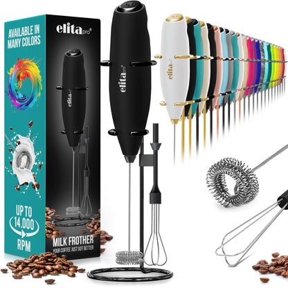 ElitaPro Powerful Milk Frother Wand - 2 in 1 Handheld Coffee Frother and Egg Beater - Mini Foam Maker With Stand - Whisk Drink Mixer & Foamer for Coffee, Latte, Matcha, Hot Chocolate (Exec Black)