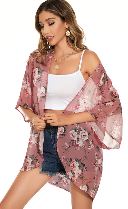 Womens Kimono Beach Cover Up Chiffon Cardigan Floral Tops Loose Capes