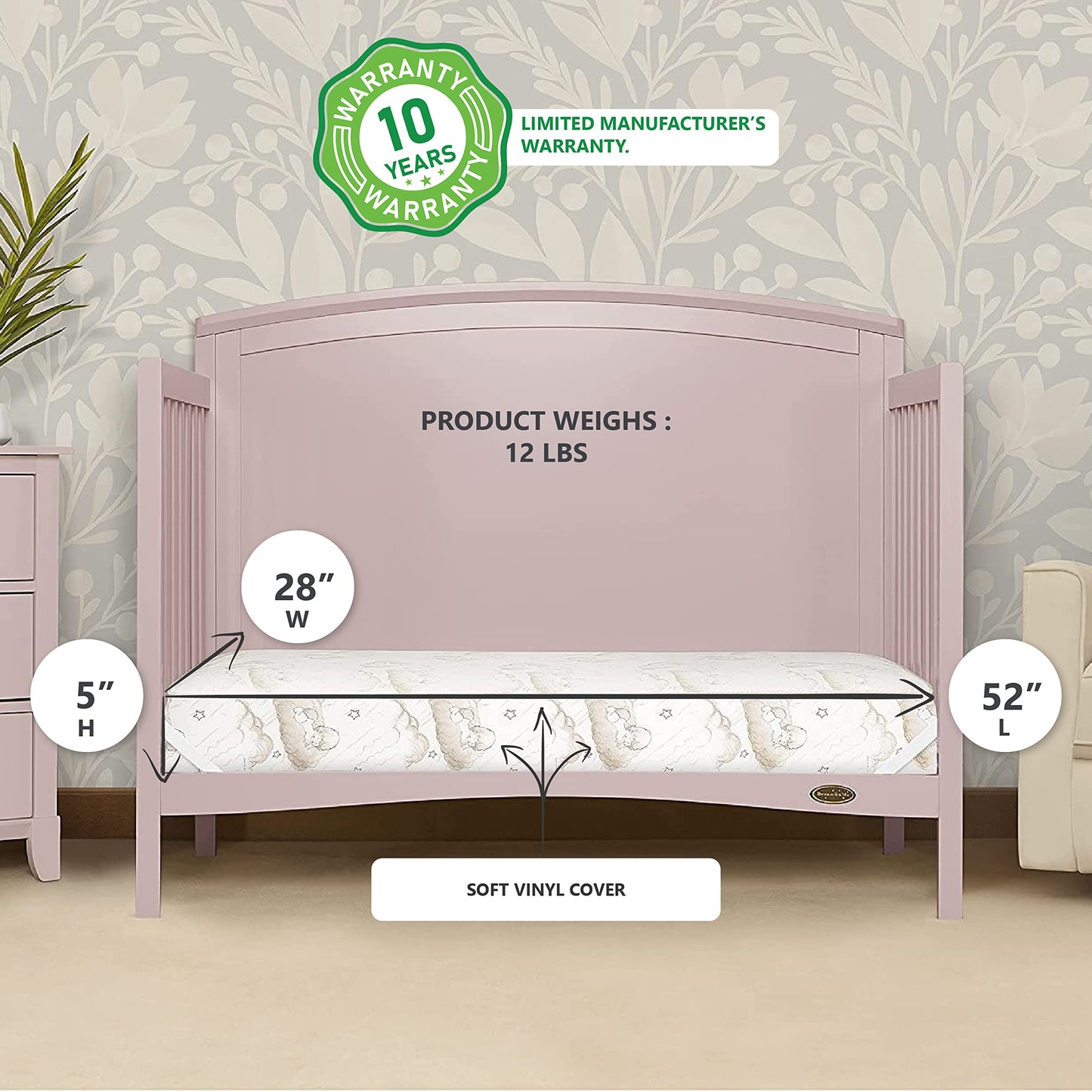 Twilight 5” 88 Coil Inner Spring Crib And Toddler Mattress, Greenguard Gold Certified, 10 Year Limited Warranty, Waterproof Vinyl Cover, Made In The U.S.A, Support And Comfort