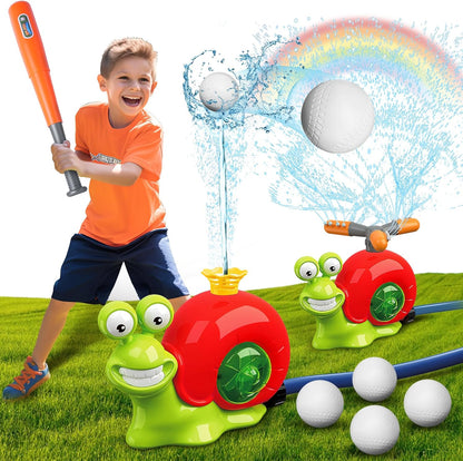 Water Sprinkler Baseball Toy - 2 in 1 Snail Water Baseball Water Wiffle Ball Game, Kids Outside Water Toy with 2 Sprinkler Heads, 360° Roating Spray Fun for Boys Girls Summer Backyard Party Lawn Pool