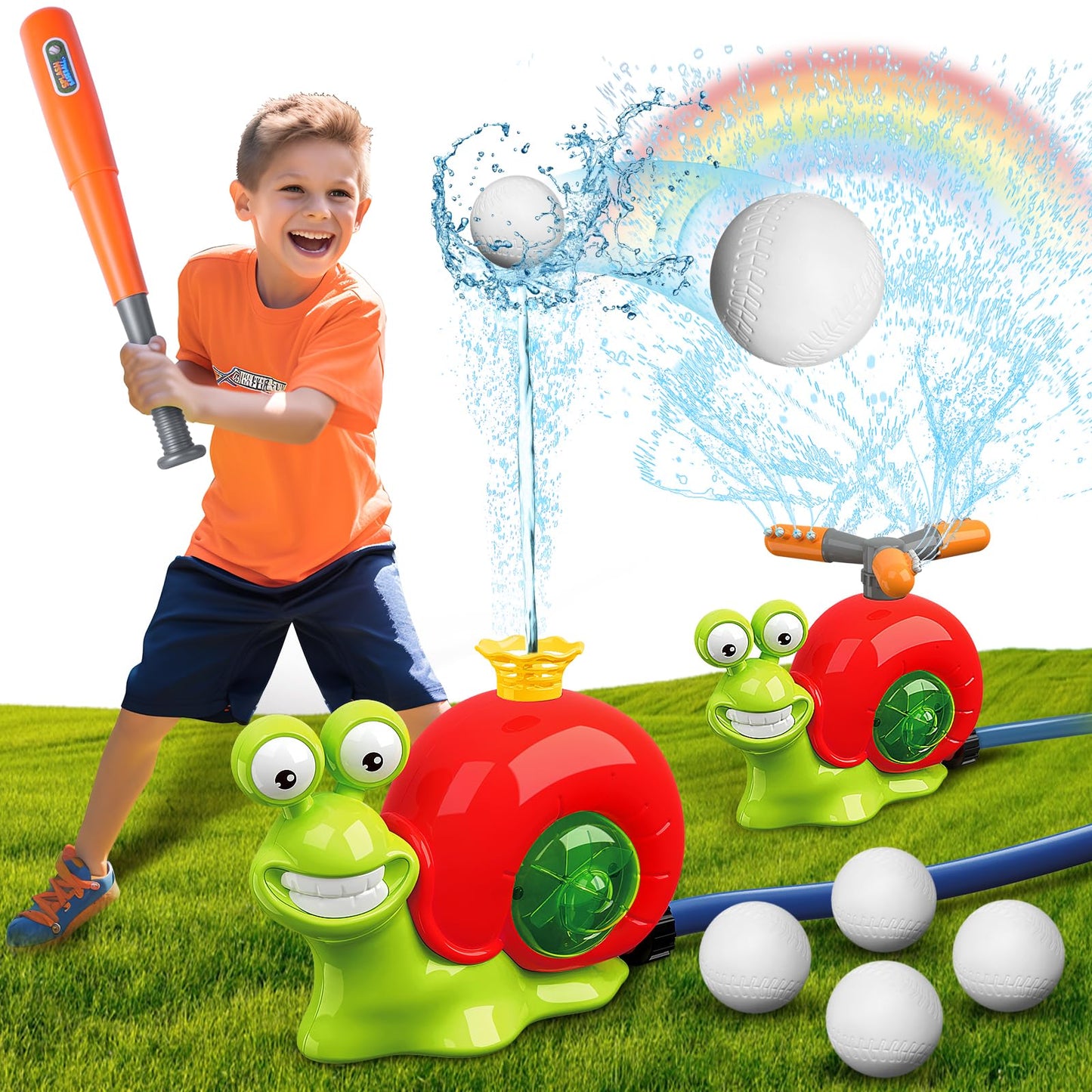 Water Sprinkler Baseball Toy - 2 in 1 Snail Water Baseball Water Wiffle Ball Game, Kids Outside Water Toy with 2 Sprinkler Heads, 360° Roating Spray Fun for Boys Girls Summer Backyard Party Lawn Pool