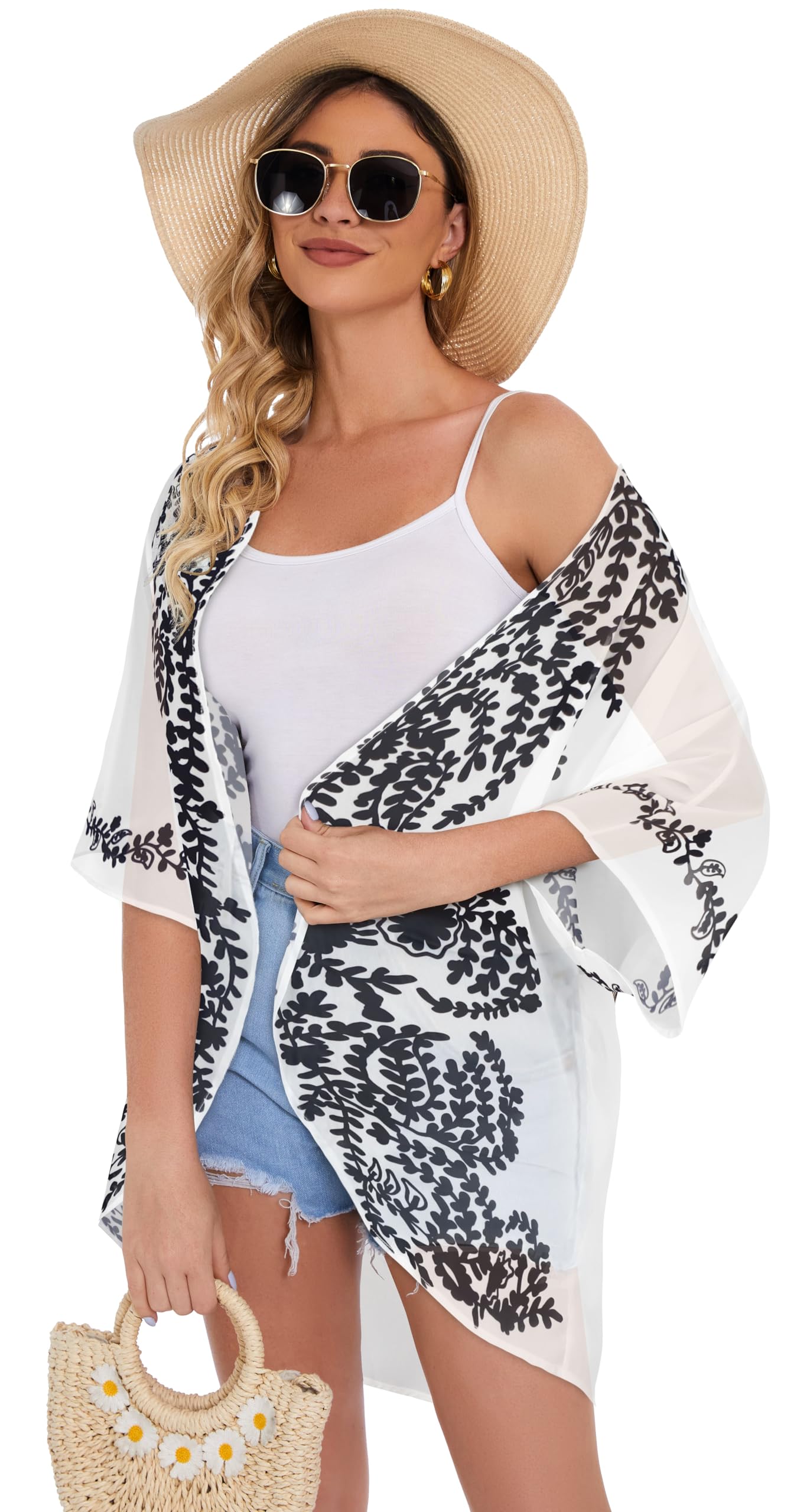 Women's Floral Print Puff Sleeve Kimono Cardigan Loose Cover Up Casual Blouse Tops