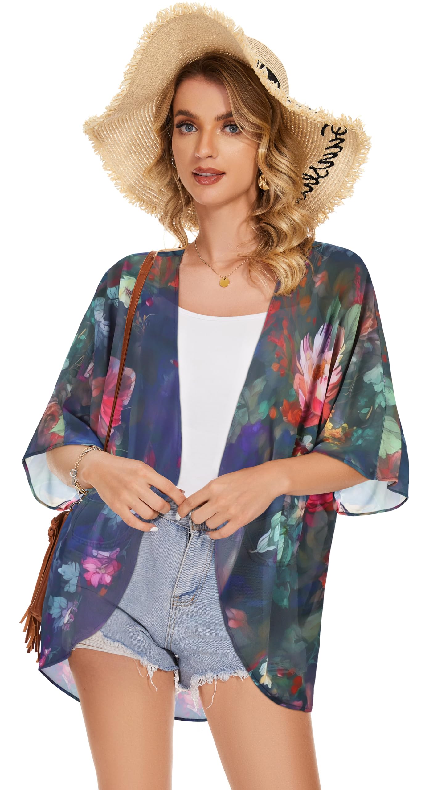 Women's Floral Print Puff Sleeve Kimono Cardigan Loose Cover Up Casual Blouse Tops