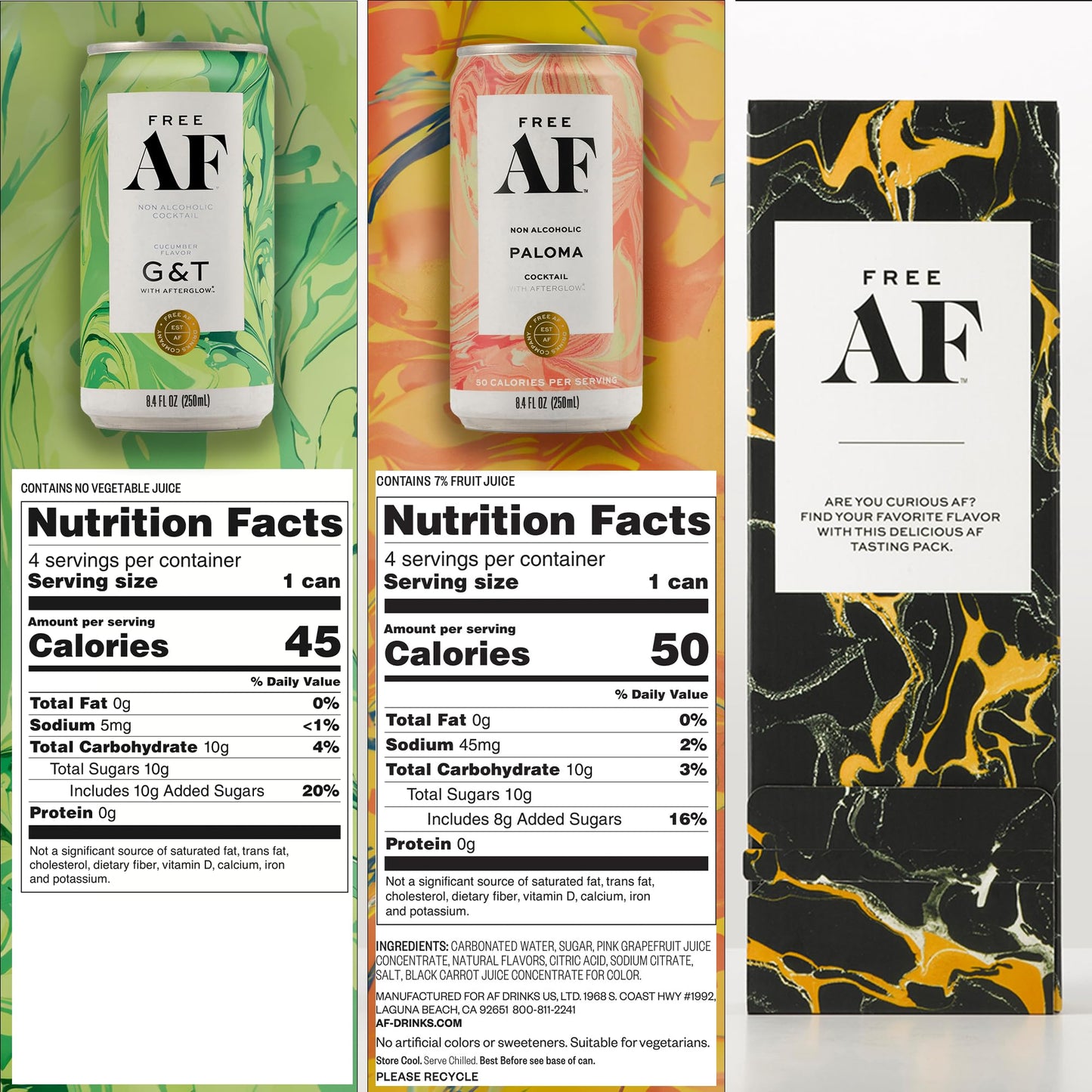 FREE AF Non-Alcoholic Tasting Pack | Ready to Drink, Random Assortment of Classic Mocktails | Low Calories & Sugar | 8.4fl oz Cans (6 pack)