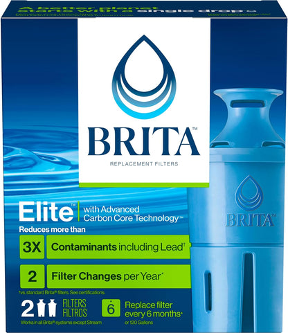 Brita Elite Water Filter Replacements for Pitchers and Dispensers, BPA-Free, Reduces 99% of Lead, Lasts Six Months or 120 Gallons, Includes 2 Pitcher Replacement Filters