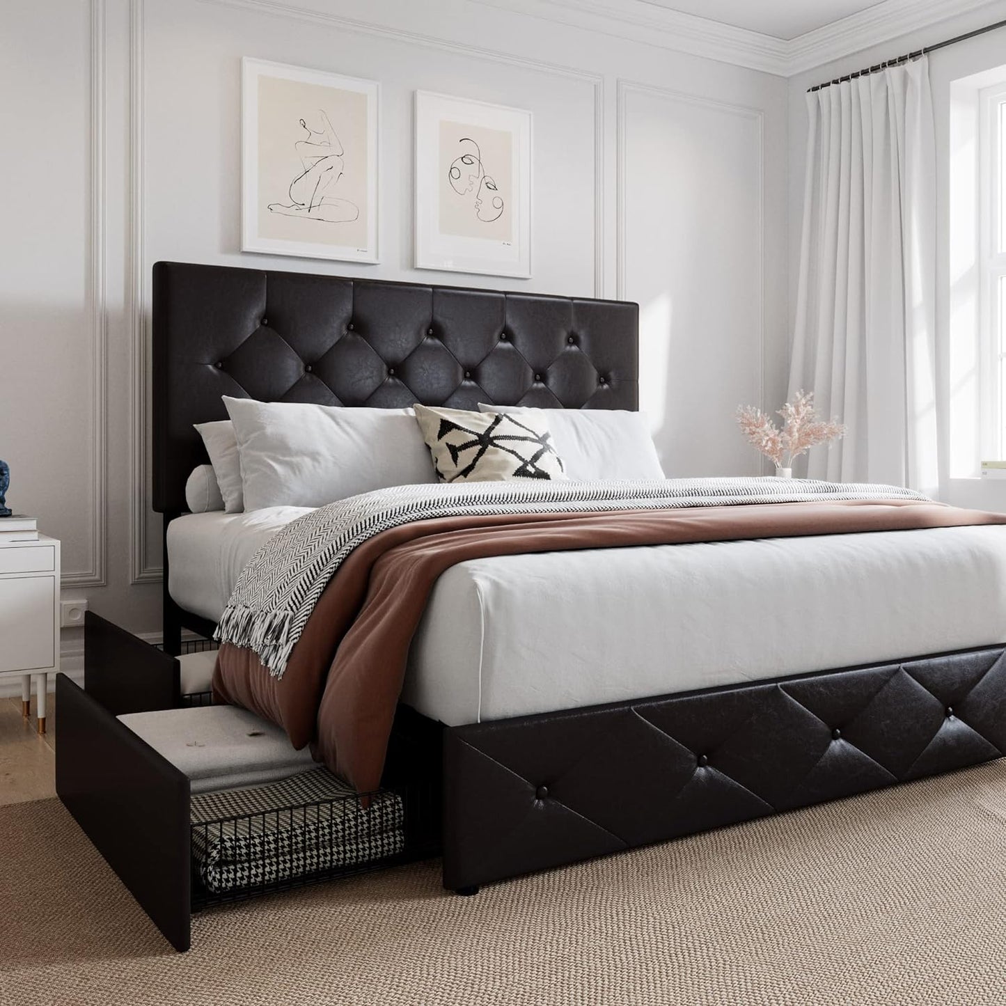 SHA CERLIN Upholstered King Platform Storage Bed Frame with 4 Drawers, Adjustable Headboard with Faux Leather Diamond Button Tufted Design, Wooden Slat Support, No Box Spring Needed, Black Brown