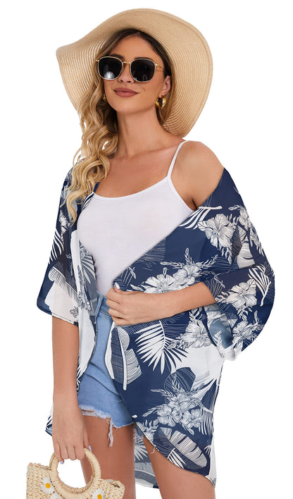 Women's Floral Print Puff Sleeve Kimono Cardigan Loose Cover Up Casual Blouse Tops