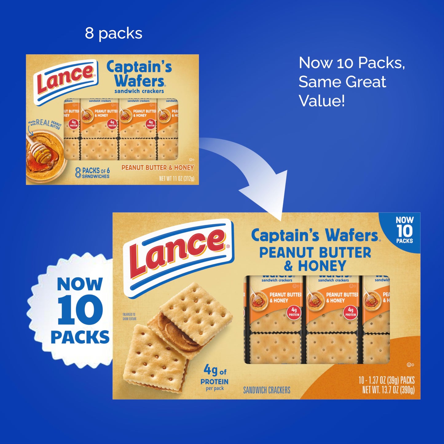 Lance Sandwich Crackers, Captain's Wafer Grilled Cheese, 10 Individual Packs, 6 Sandwiches Each