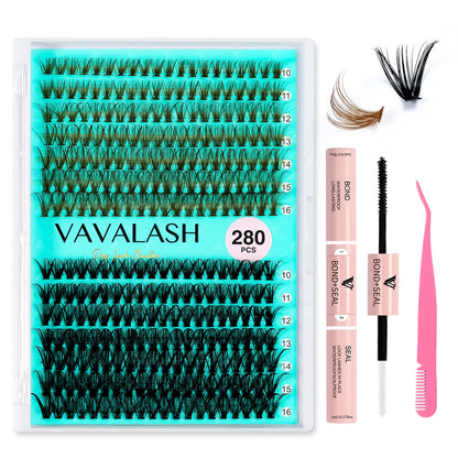 VAVALASH DIY Lash Extension Kit 280 Clusters Individual Lashes Kit 30D 40D 0.07D-10-16mm Lash Clusters, Lash Bond and Seal, Lash Tweezer for DIY Eyelash Extension at Home（Kit-30D+40D-0.07D-10-16MIX）