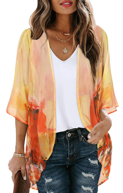 Women's Floral Print Puff Sleeve Kimono Cardigan Loose Cover Up Casual Blouse Tops