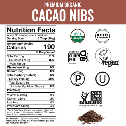 Viva Naturals Organic Cacao Nibs, 1 Lb - Certified Keto and Vegan Superfood, Perfect for Gluten Free Baking, Cacao Nib Smoothies and Healthy Snacks, Premium Criollo Beans, Non-GMO