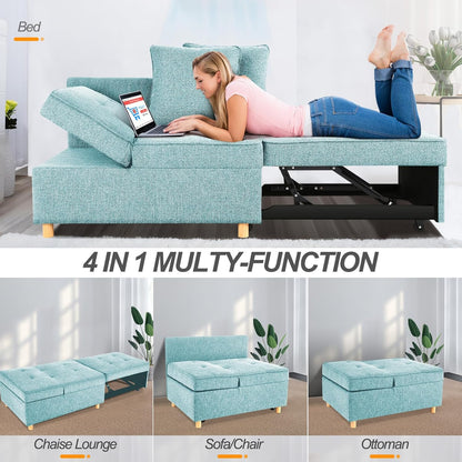 SEJOV Sleeper Sofa, 4-in-1 Convertible Ottoman Couch Bed, Modern Blue Line Futon Couch with 2 Pillows Adjustable Backrest and Armrests, Foldable Loveseat for Apartment Dorm, Office, Light Blue