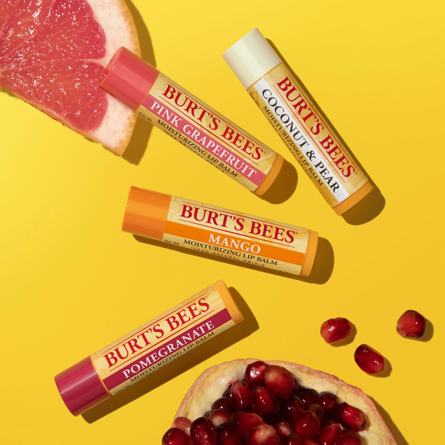 Burt's Bees Lip Balm - Pink Grapefruit, Mango, Coconut & Pear, and Pomegranate Pack, Lip Moisturizer With Beeswax, Tint-Free, Natural Origin Conditioning Lip Treatment, 4 Tubes, 0.15 oz.