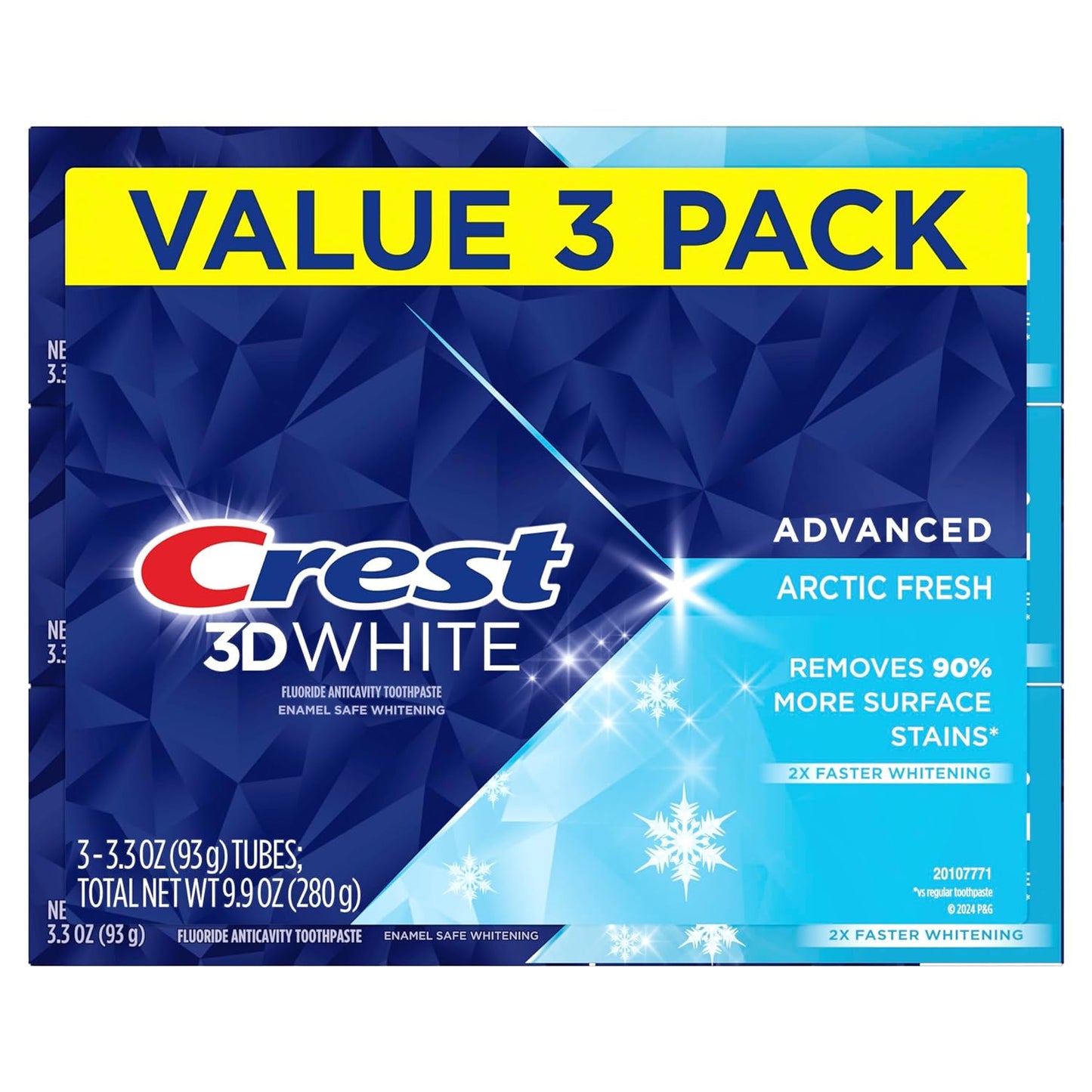 Crest 3D White Advanced Teeth Whitening Toothpaste, Arctic Fresh, 3.3 oz, Pack of 3