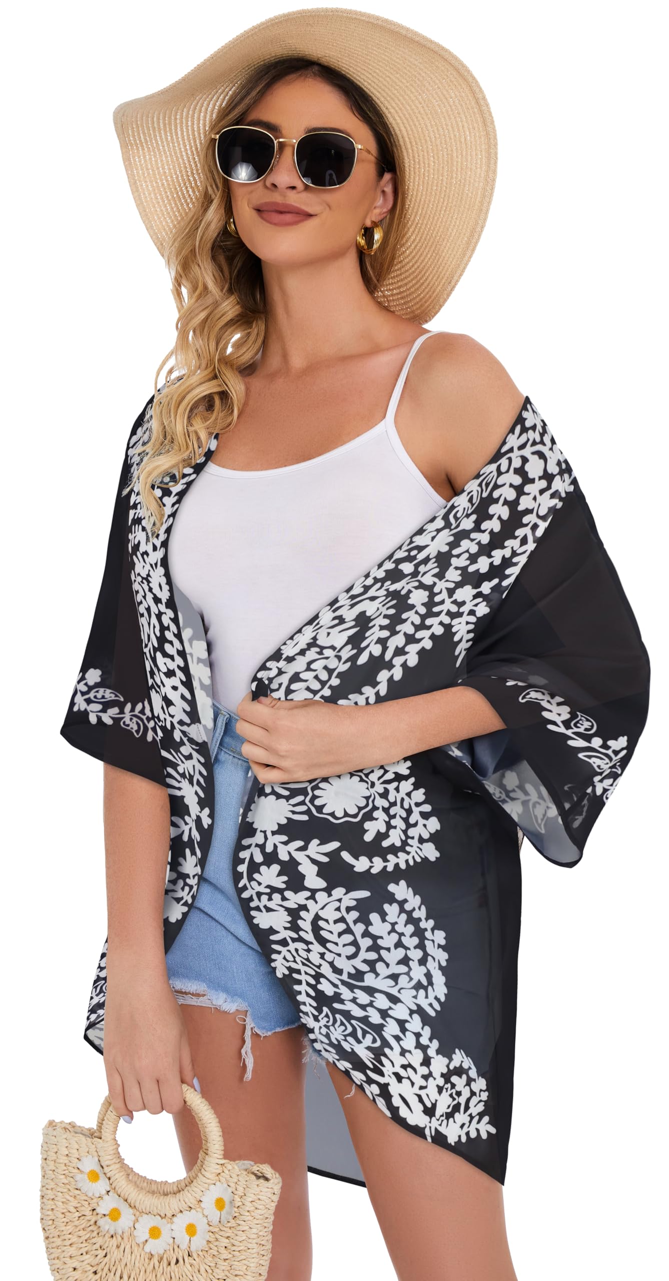 Women's Floral Print Puff Sleeve Kimono Cardigan Loose Cover Up Casual Blouse Tops