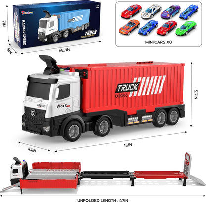 Carrier Truck Race Track Kids Toys, Foldable 3 Layer Car Race Track Playset, Toy Truck Transport Car Carrier & 8 Race Cars, Truck Car Toddlers Toys Xmas Gifts for Age 3 4 5 6+ Years Old Boys Girls