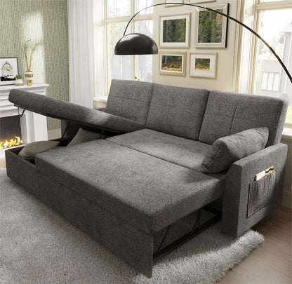 VanAcc Sleeper Sofa, Sofa Bed- 2 in 1 Pull Out Couch Bed with Storage Chaise for Living Room, Sofa Sleeper with Pull Out Bed, Grey Linen Couch