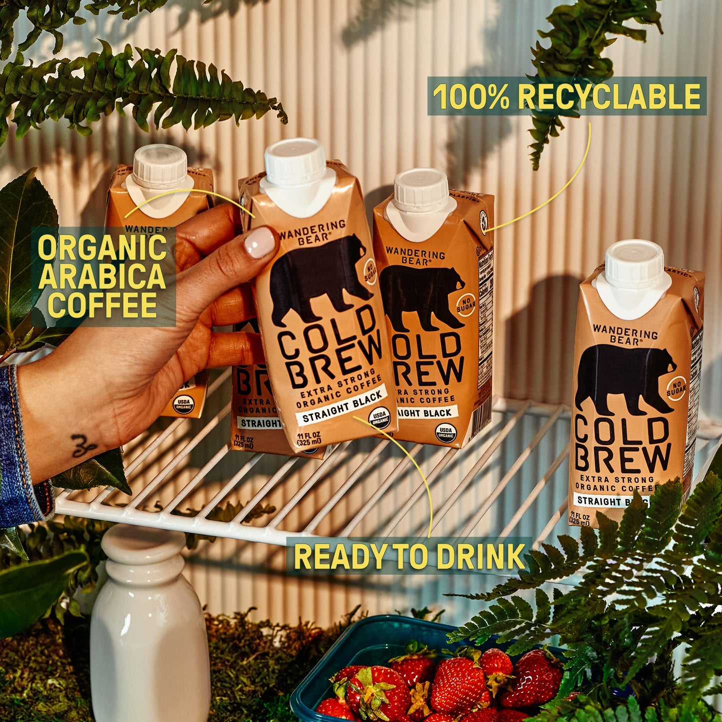 Wandering Bear Straight Black Organic Cold Brew Coffee On Tap, 96 fl oz - Extra Strong, Smooth, Unsweetened, Shelf-Stable, and Ready to Drink Iced Coffee, Cold Brewed Coffee, Cold Coffee