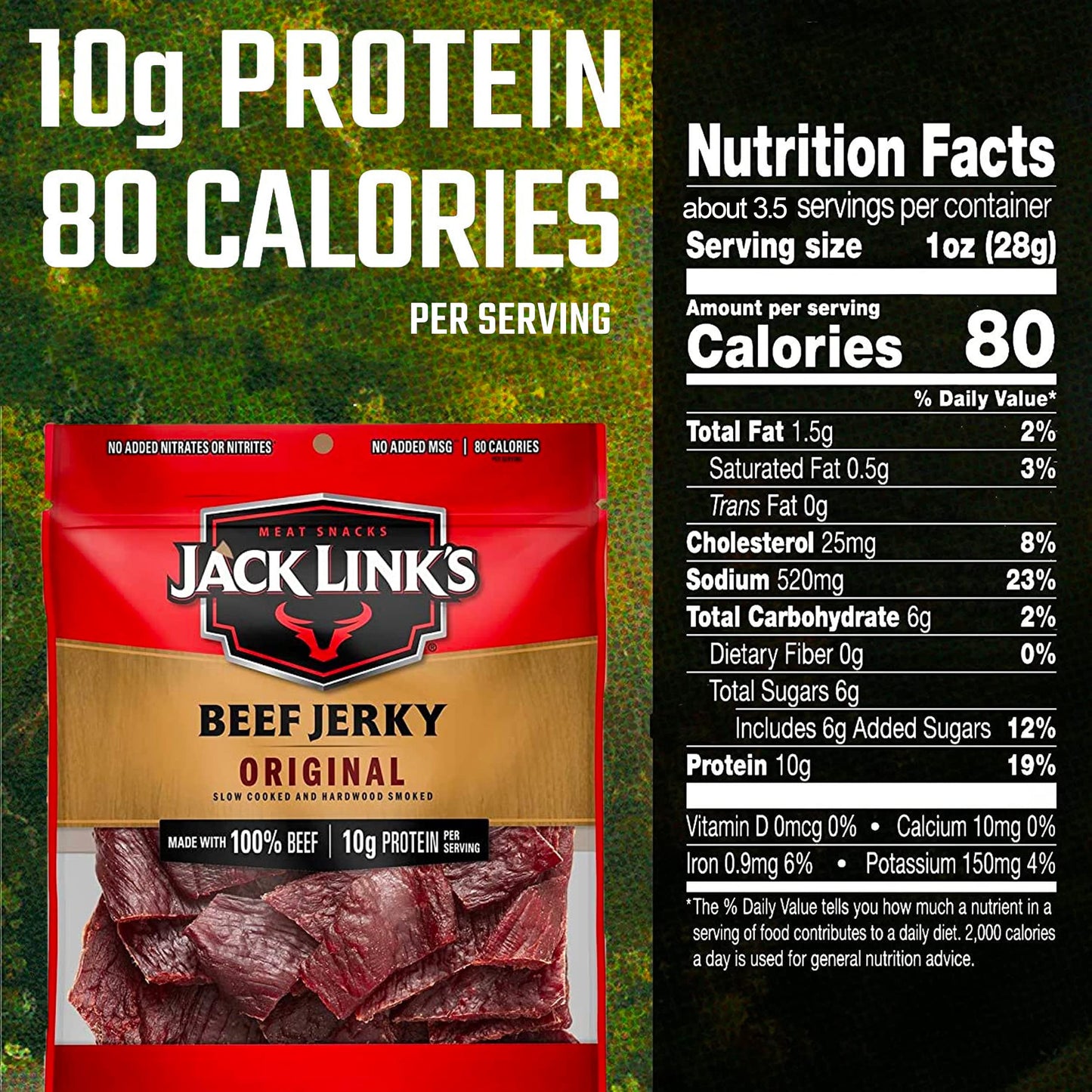 Jack Link's Beef Jerky 5 Count Multipack, Original, 5, 0.625 oz. Bags - Flavorful Meat Snack for Lunches, Ready to Eat - 7g of Protein, Made with 100% Beef - No Added MSG** or Nitrates/Nitrites