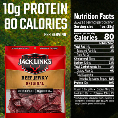 Jack Link's Beef Jerky 5 Count Multipack, Original, 5, 0.625 oz. Bags - Flavorful Meat Snack for Lunches, Ready to Eat - 7g of Protein, Made with 100% Beef - No Added MSG** or Nitrates/Nitrites