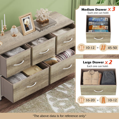 WLIVE Dresser for Bedroom with 5 Drawers, Wide Chest of Drawers, Fabric Dresser, Storage Organizer Unit with Fabric Bins for Closet, Living Room, Hallway, Rustic Brown Wood Grain Print